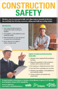 Title: Construction Safety Poster - Description: The poster addresses common hazards and injuries construction workers face. There are also steps workers and supervisors must take to ensure a safe work environment.